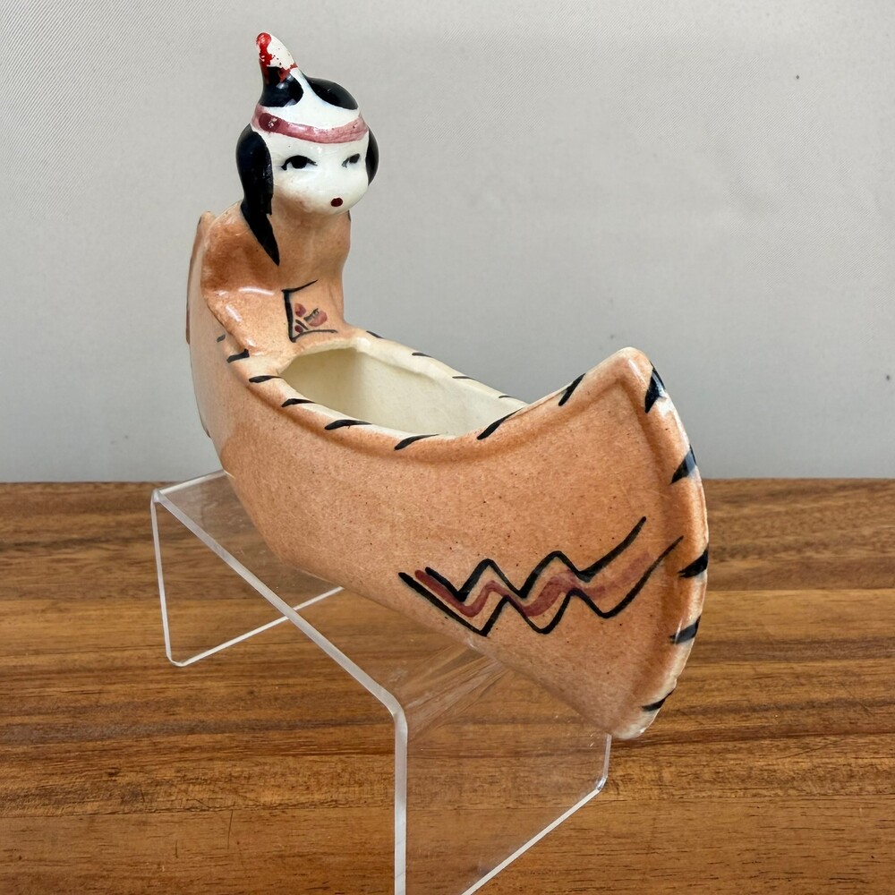 Native American Ceramic Canoe Figure Hand Painted Mid Century